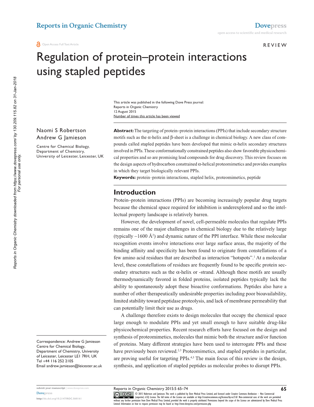 Regulation of Protein–Protein Interactions Using Stapled Peptides