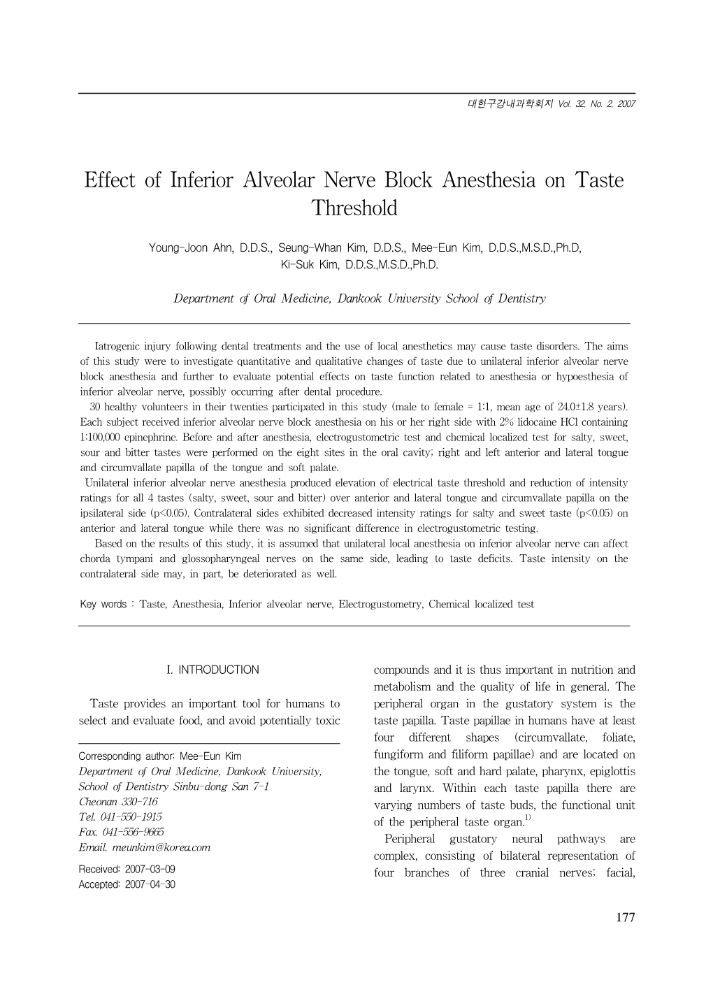 Effect of Inferior Alveolar Nerve Block Anesthesia on Taste Threshold
