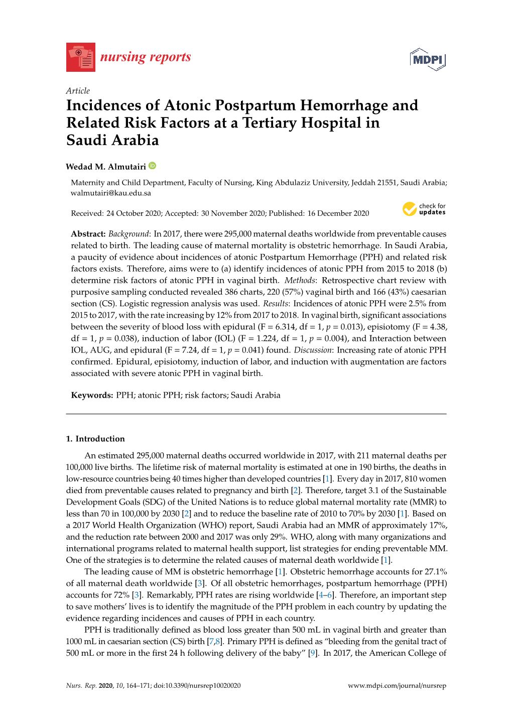 Incidences of Atonic Postpartum Hemorrhage and Related Risk Factors at a Tertiary Hospital in Saudi Arabia