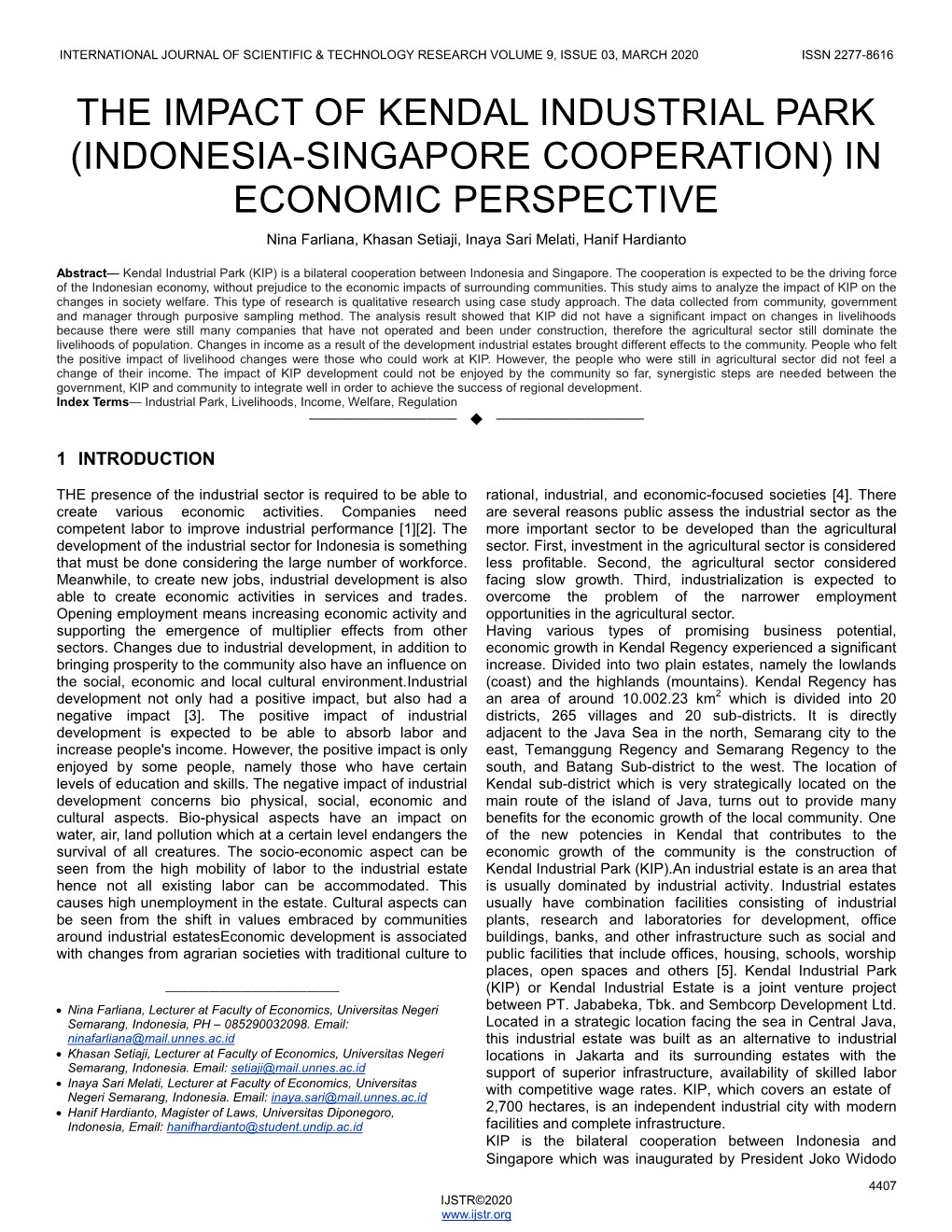 The Impact of Kendal Industrial Park (Indonesia-Singapore Cooperation) In
