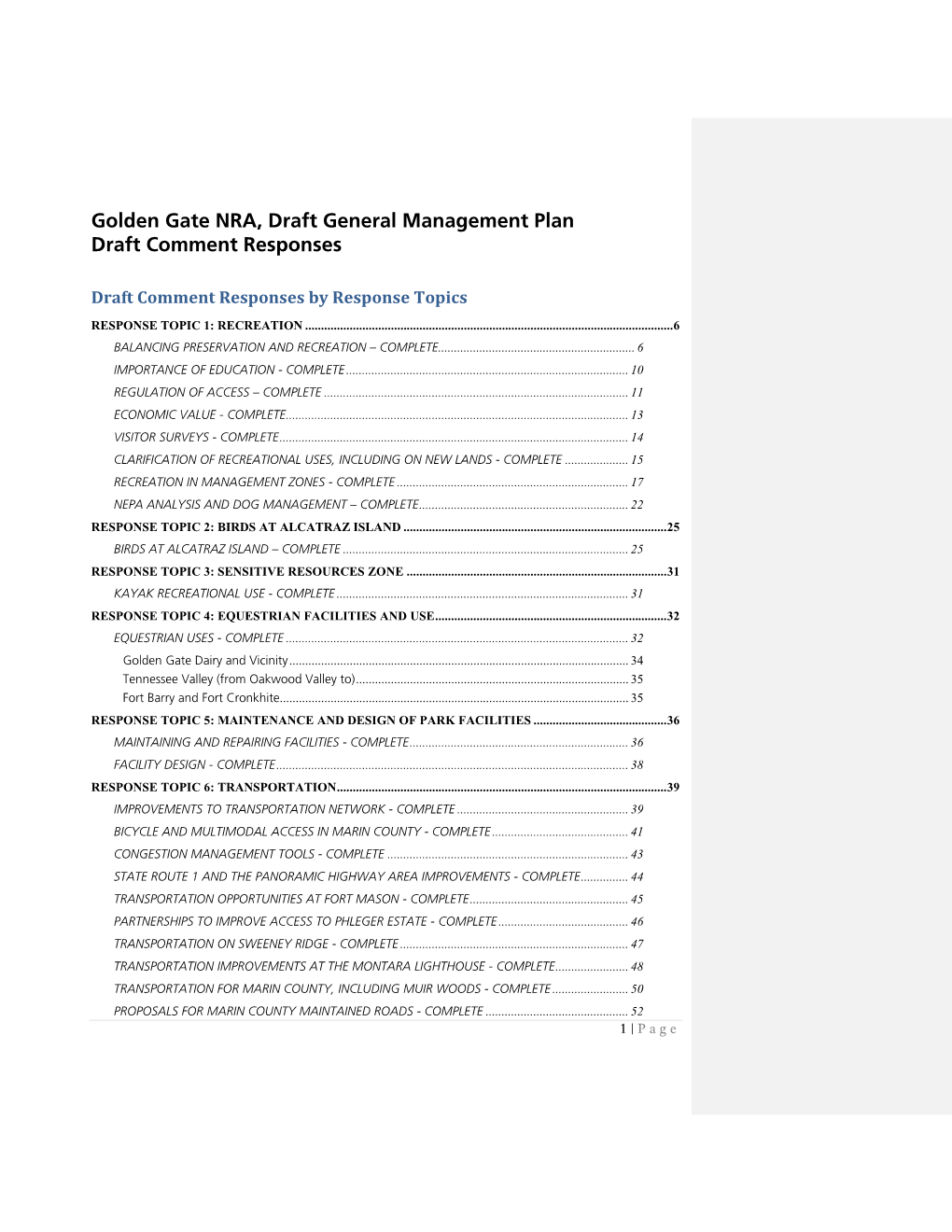 Golden Gate NRA, Draft General Management Plan Draft Comment Responses