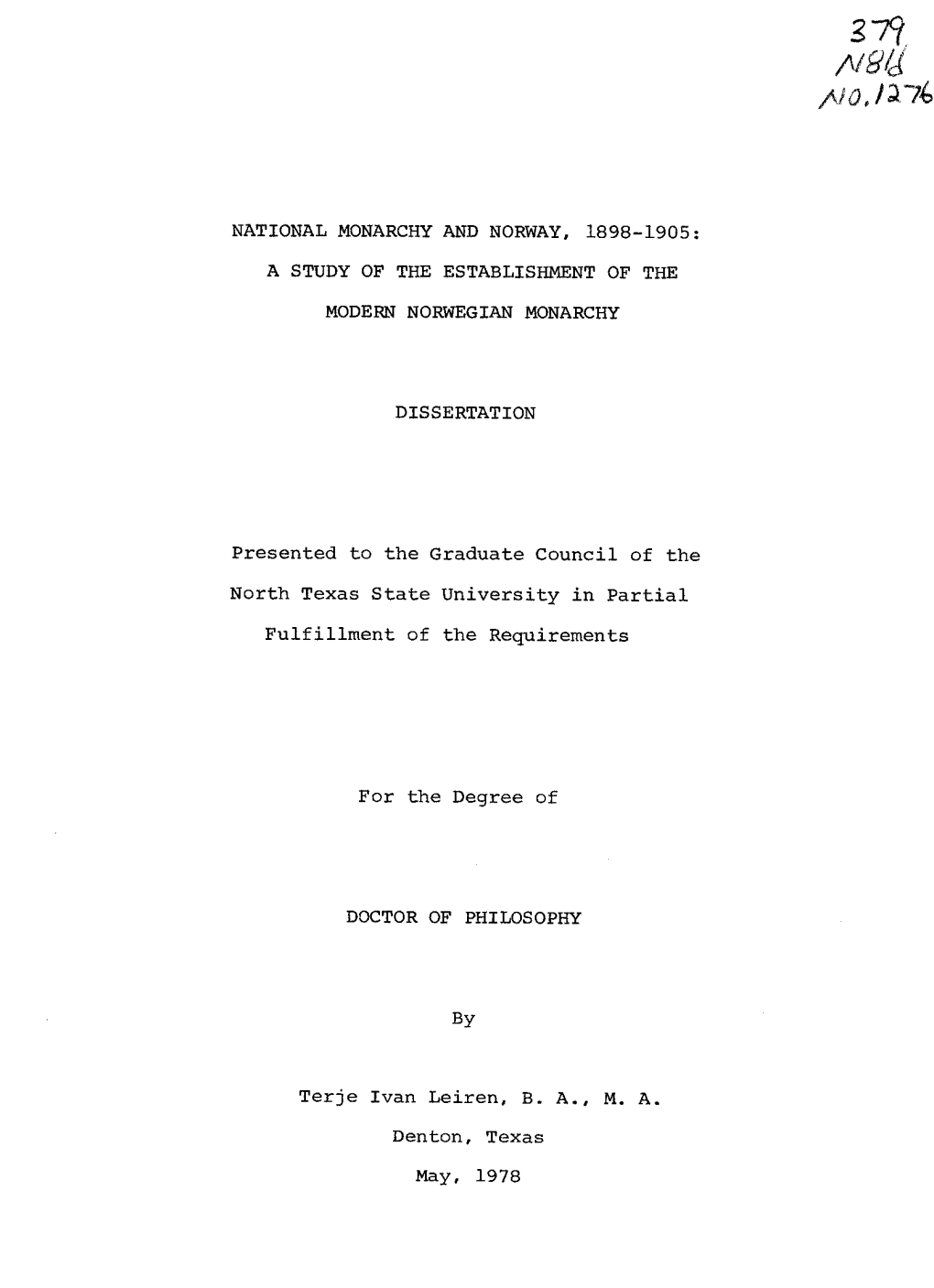 National Monarchy and Norway, 1898-1905