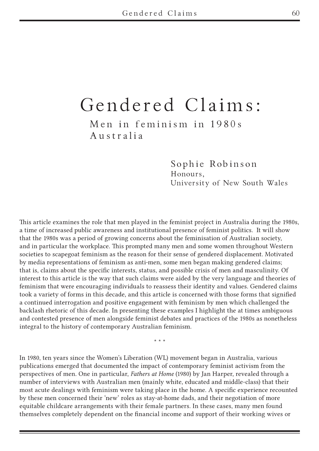 Gendered Claims: Men in Feminism in 1980S Australia