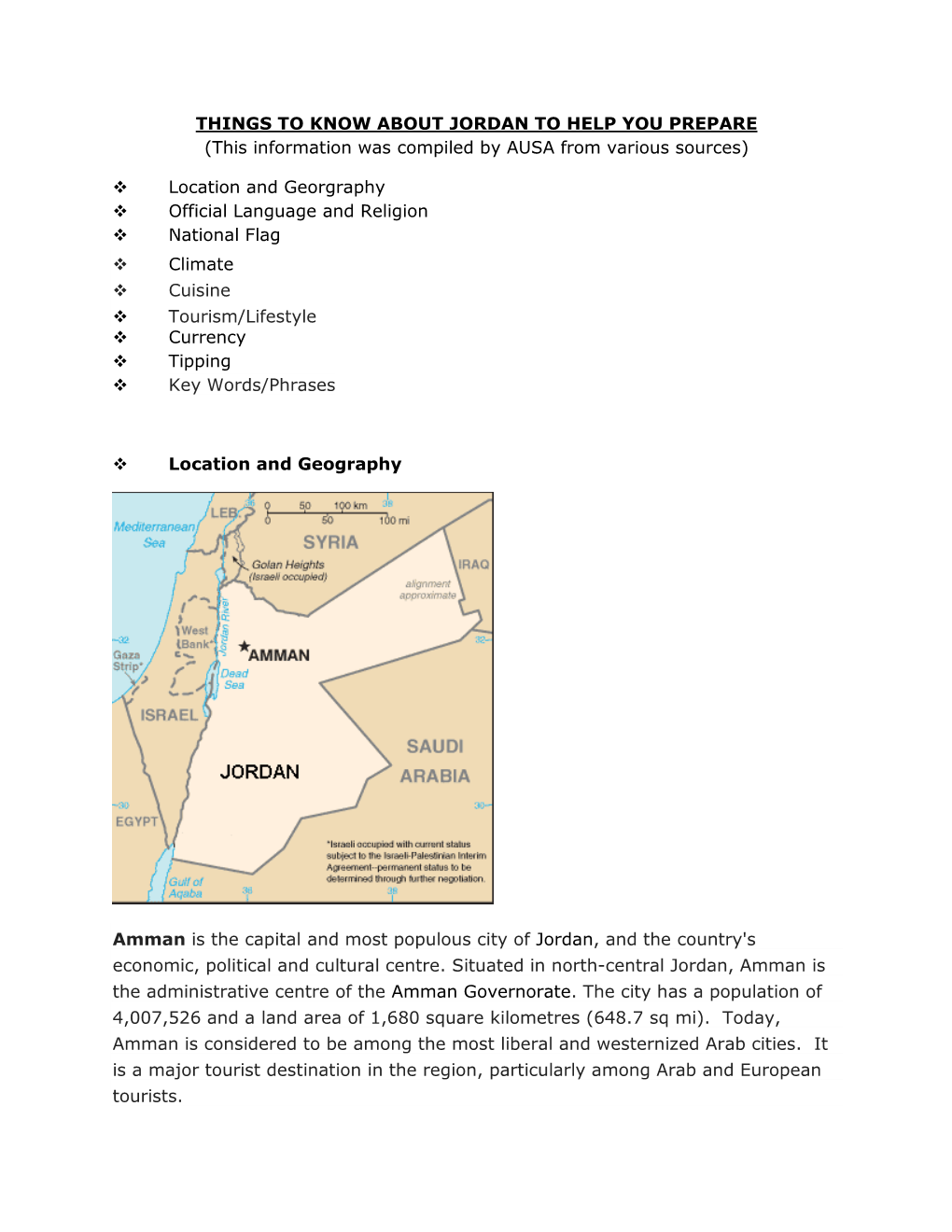 THINGS to KNOW ABOUT JORDAN to HELP YOU PREPARE (This Information Was Compiled by AUSA from Various Sources)