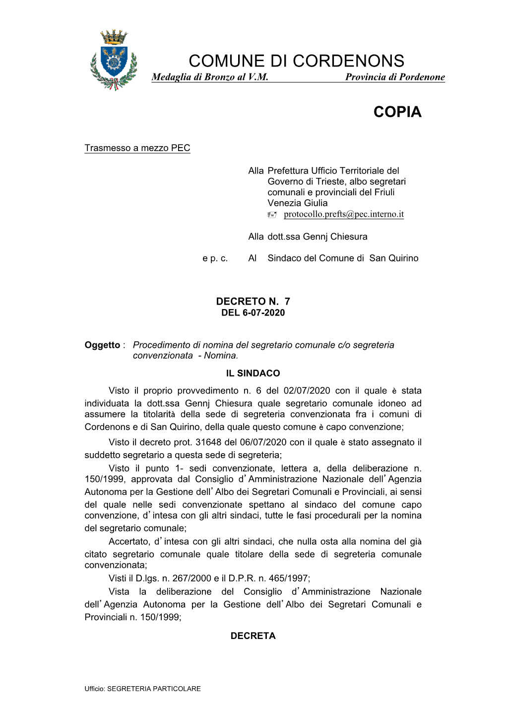 Decreto Di Nomina Dott.Ssa Chiesura Gennj