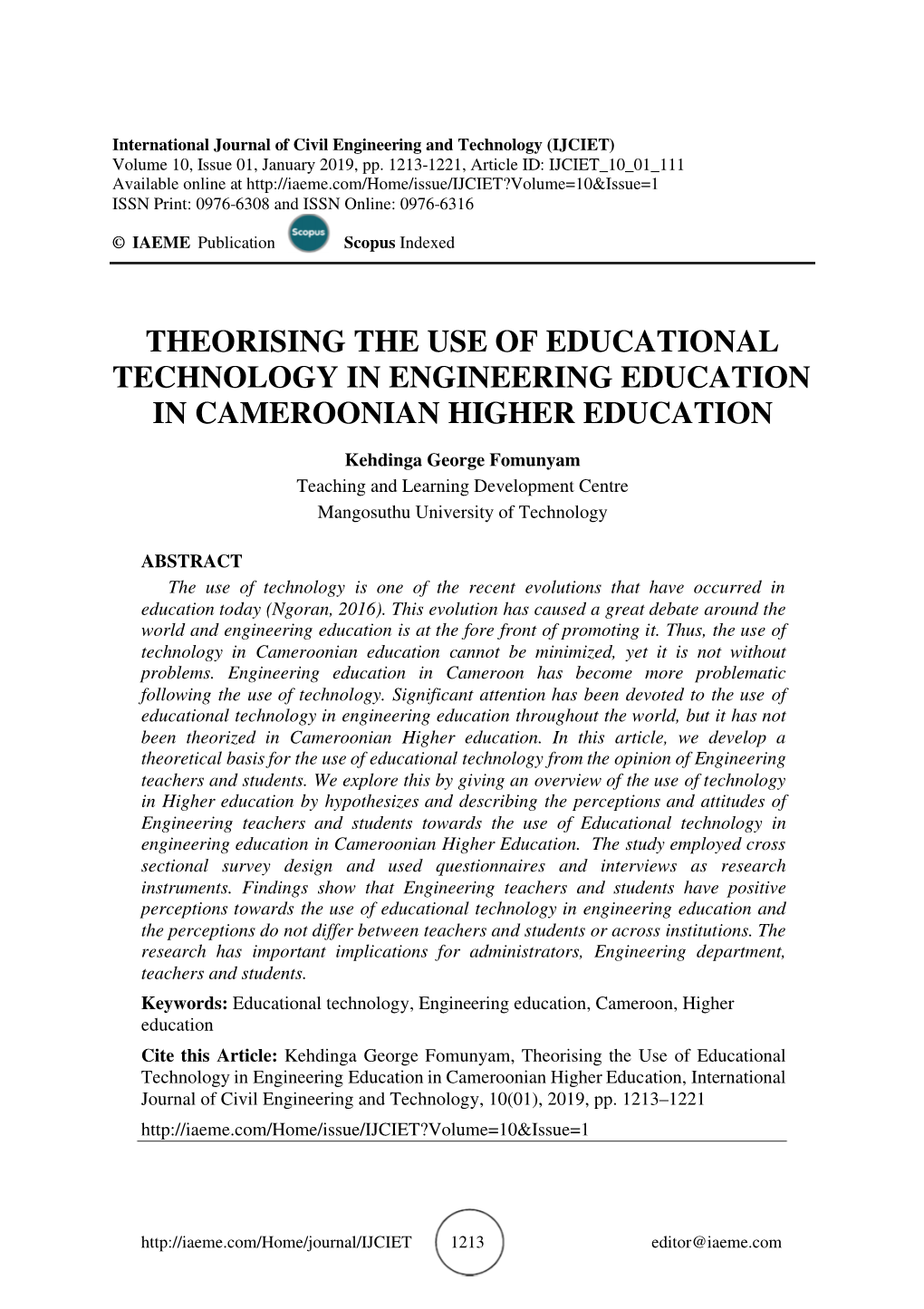 Theorising the Use of Educational Technology in Engineering Education in Cameroonian Higher Education