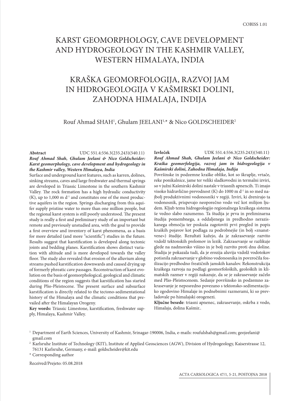 Karst Geomorphology, Cave Development and Hydrogeology in the Kashmir Valley, Western Himalaya, India