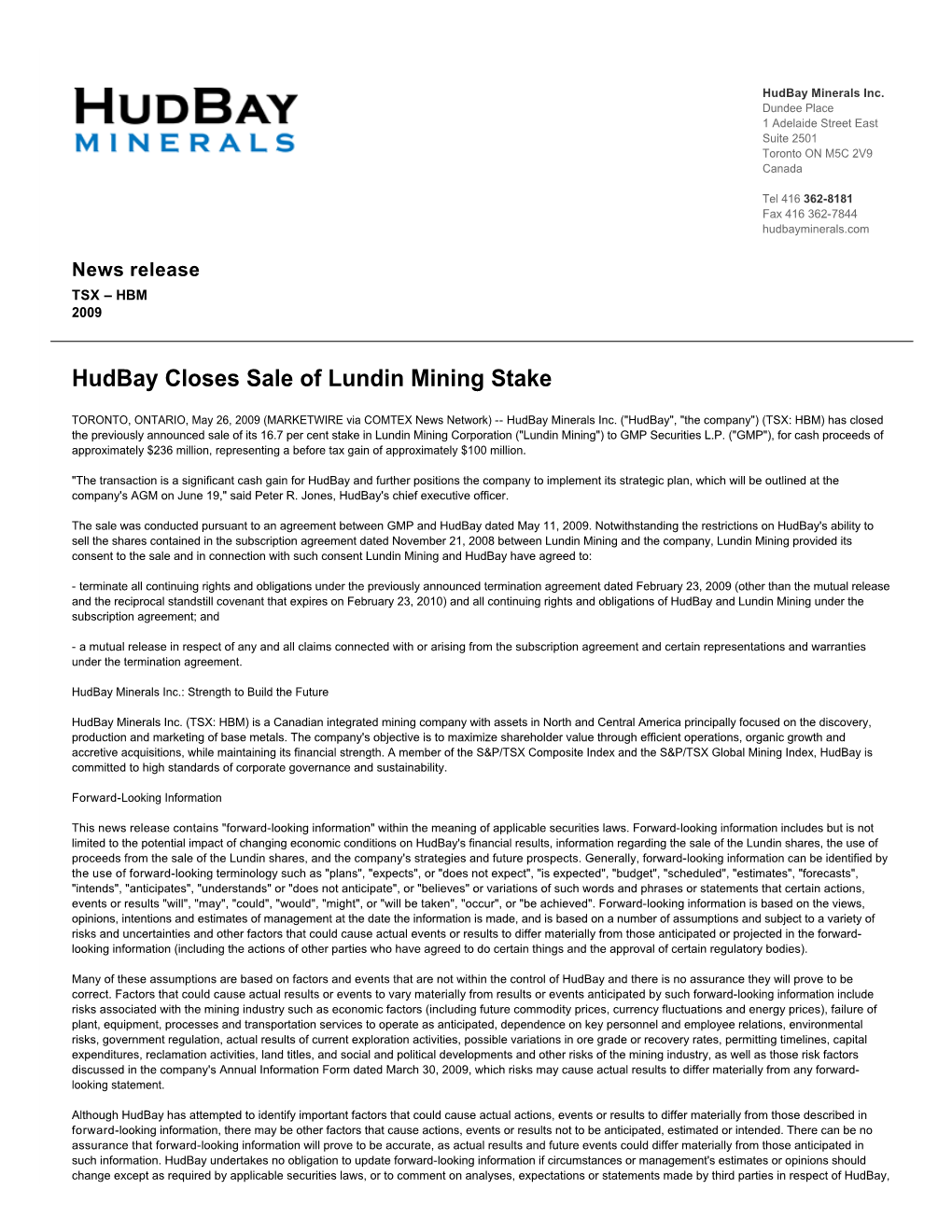 Hudbay Closes Sale of Lundin Mining Stake