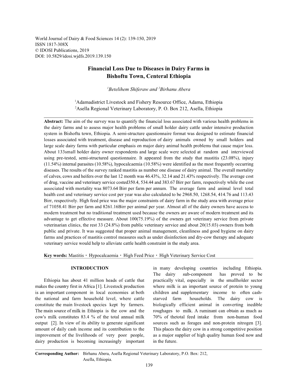 Financial Loss Due to Diseases in Dairy Farms in Bishoftu Town, Centeral Ethiopia