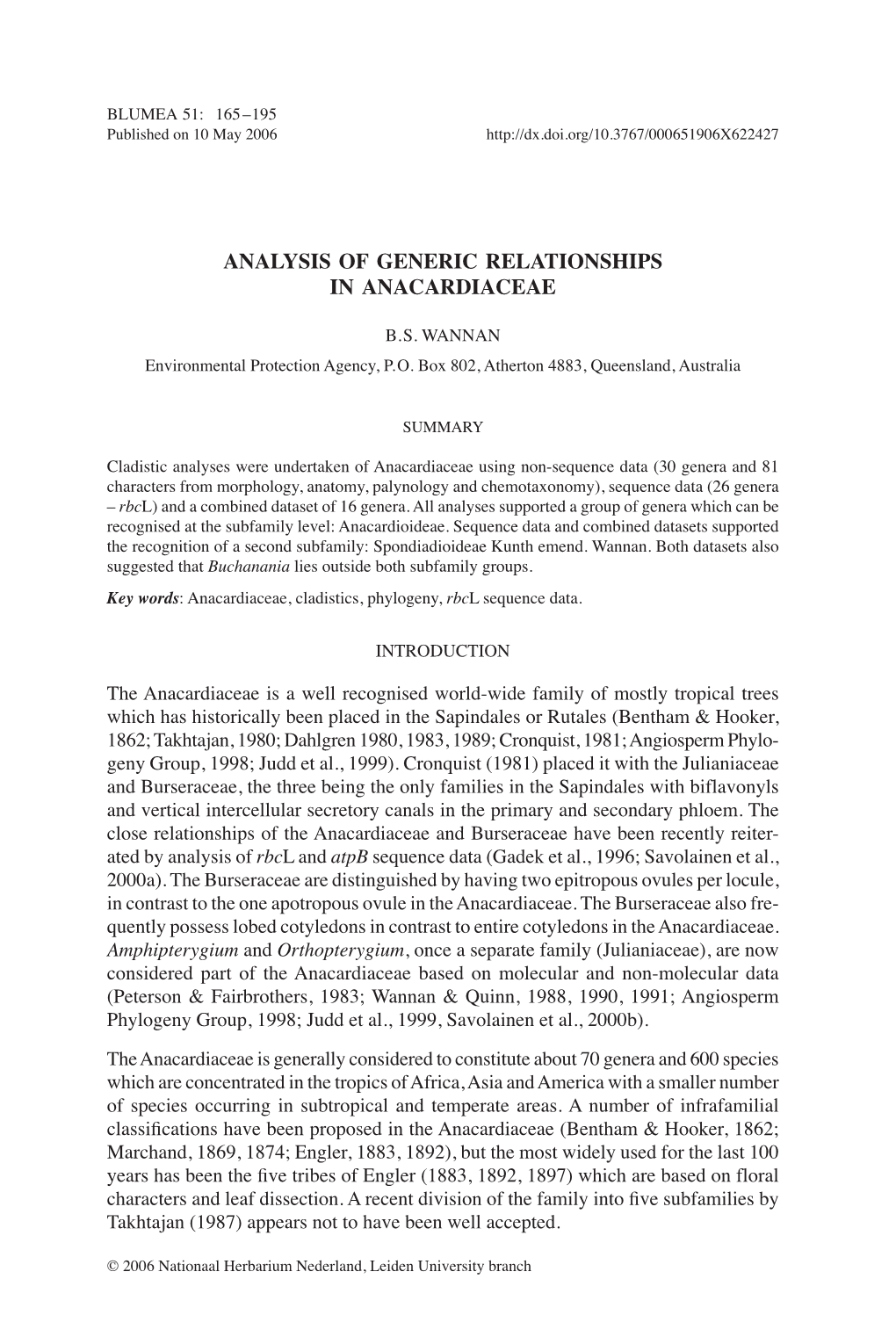 Analysis of Generic Relationships in Anacardiaceae