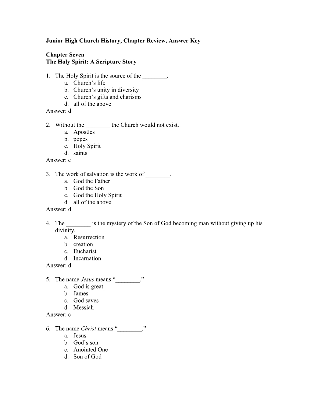 Junior High Church History, Chapter Review, Answer Key