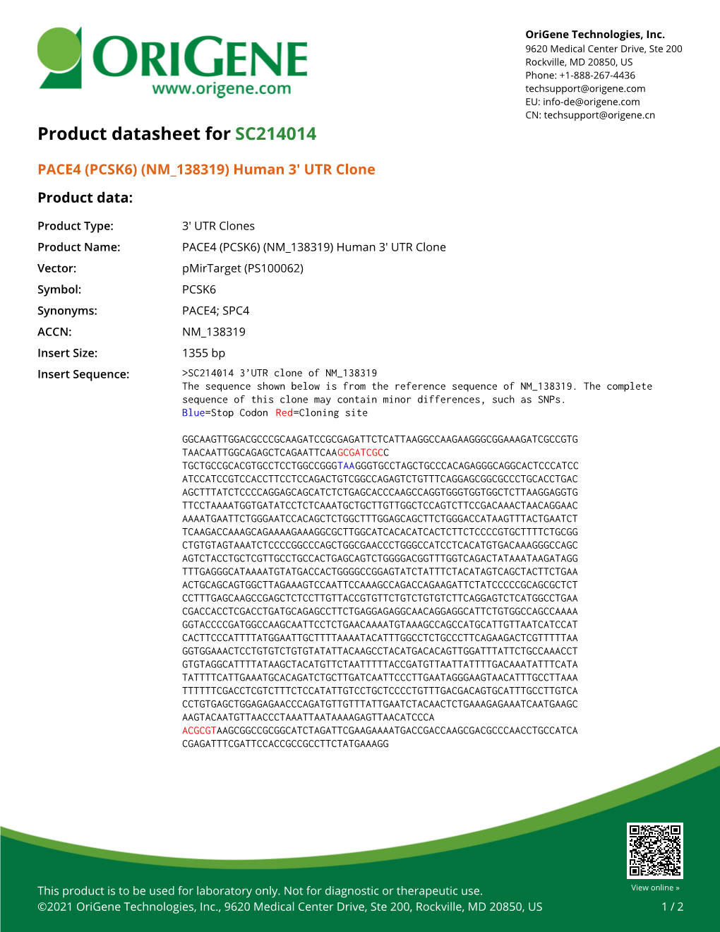 PACE4 (PCSK6) (NM 138319) Human 3' UTR Clone – SC214014