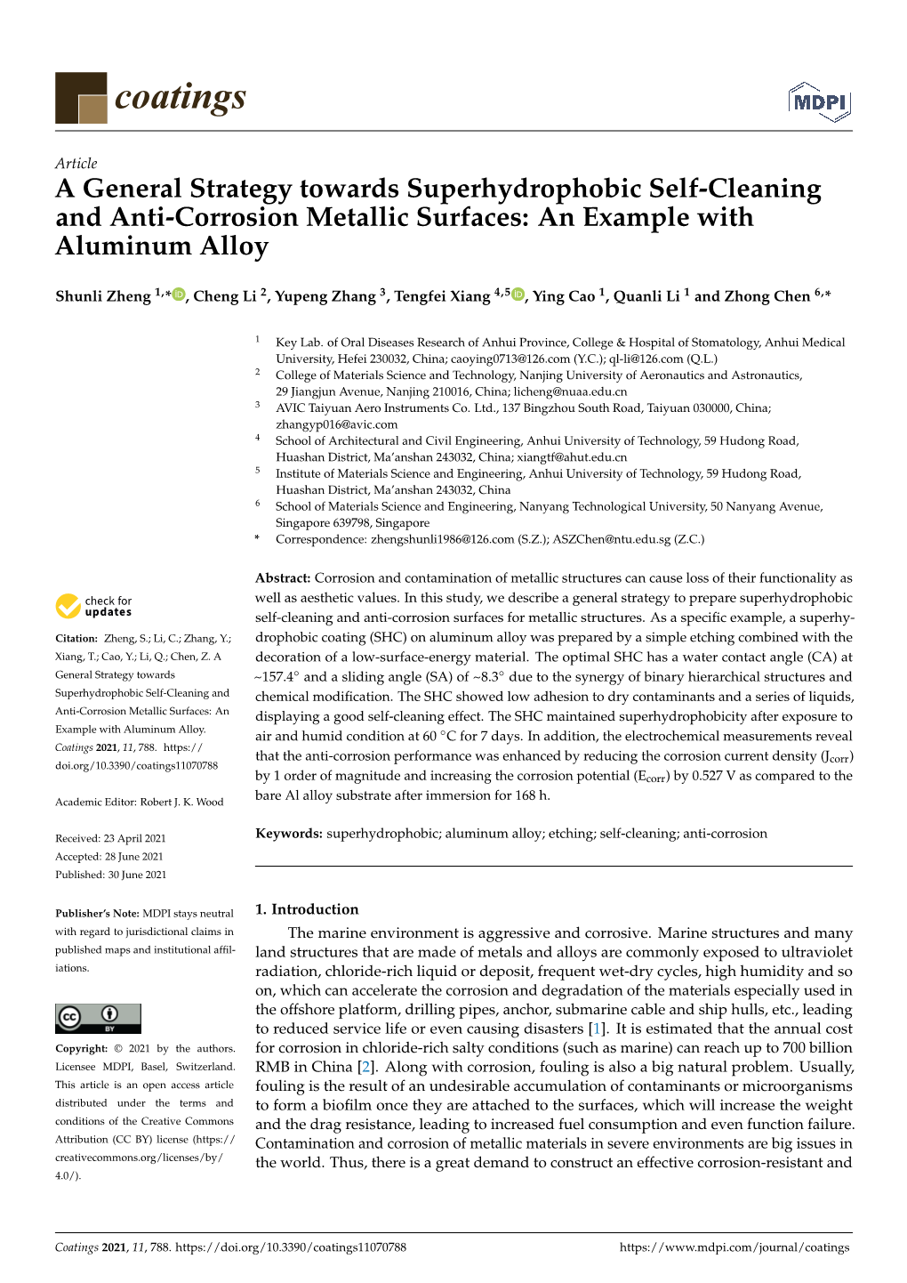 A General Strategy Towards Superhydrophobic Self-Cleaning and Anti-Corrosion Metallic Surfaces: an Example with Aluminum Alloy