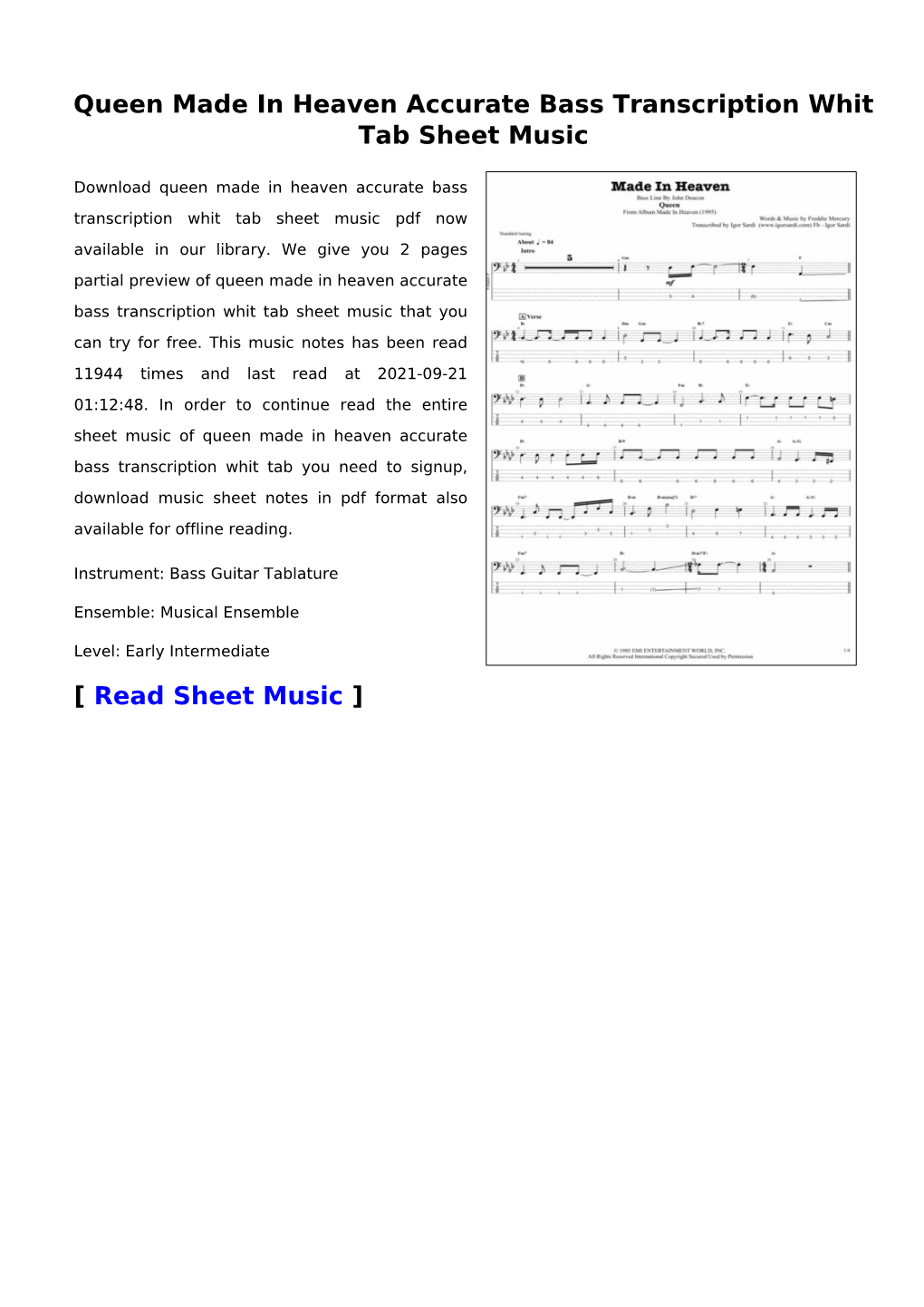 Queen Made in Heaven Accurate Bass Transcription Whit Tab Sheet Music