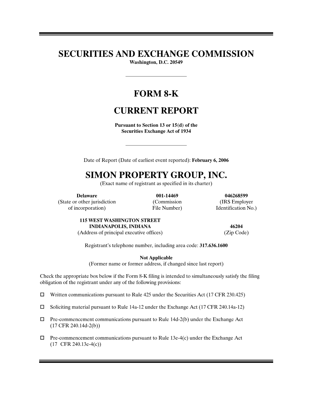 Securities and Exchange Commission Form 8-K Current Report Simon Property Group, Inc