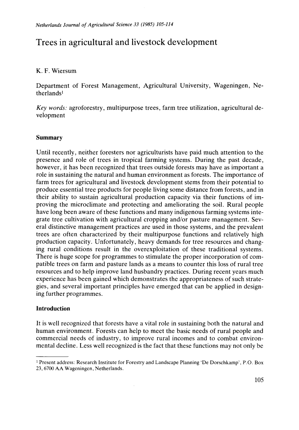 Trees in Agricultural and Livestock Development