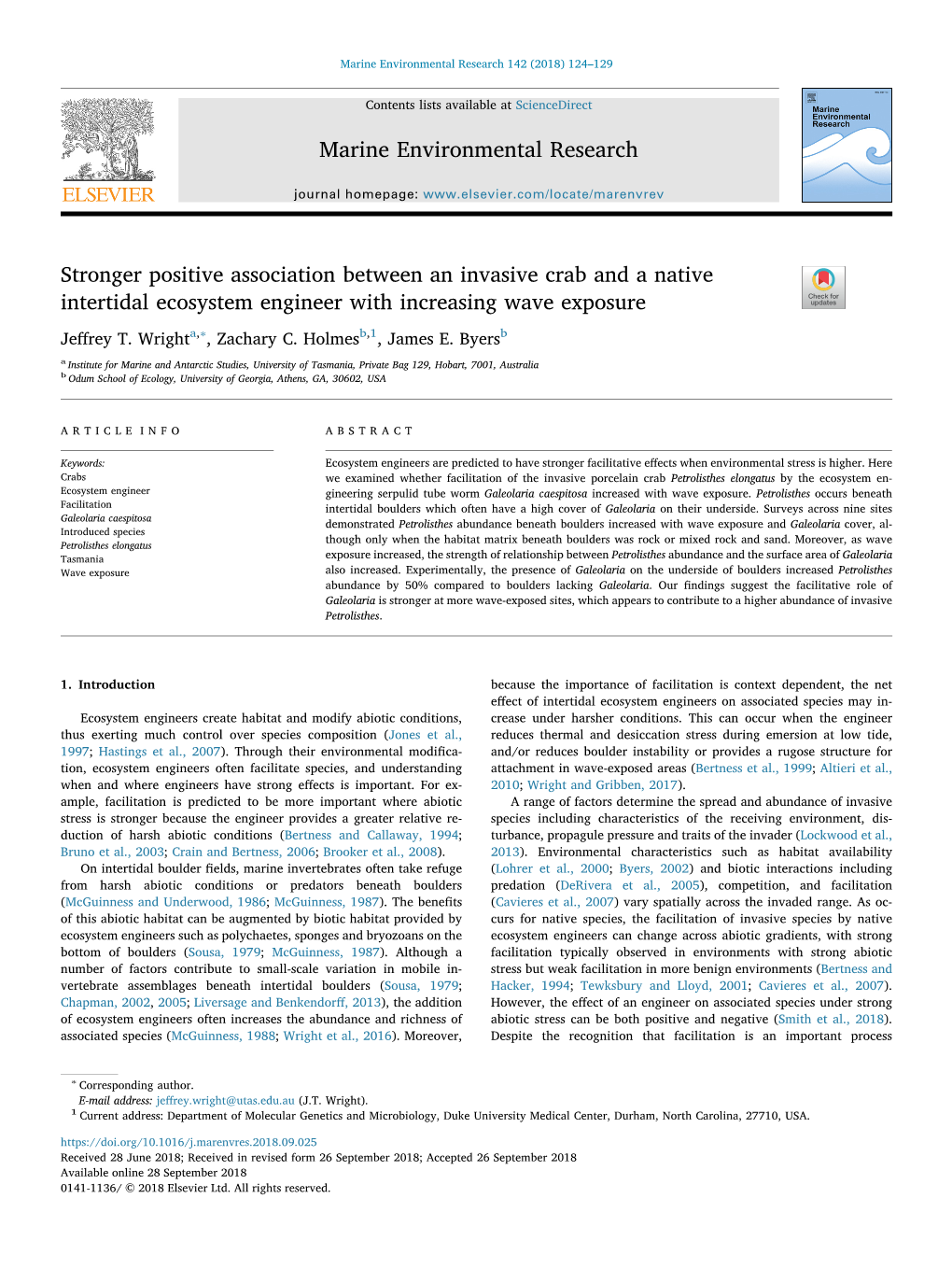 Stronger Positive Association Between an Invasive Crab and a Native Intertidal Ecosystem Engineer with Increasing Wave Exposure T