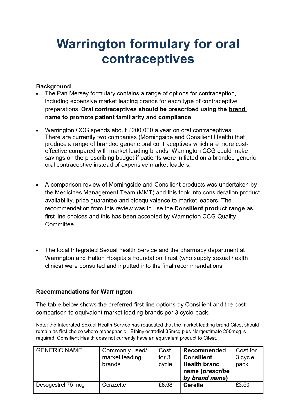 Warrington Formulary for Oral Contraceptives