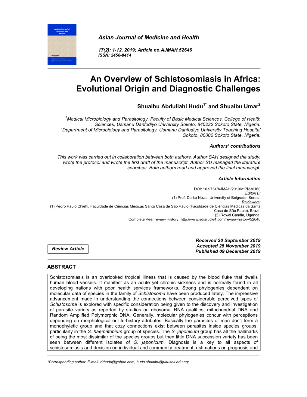 An Overview of Schistosomiasis in Africa: Evolutional Origin and Diagnostic Challenges