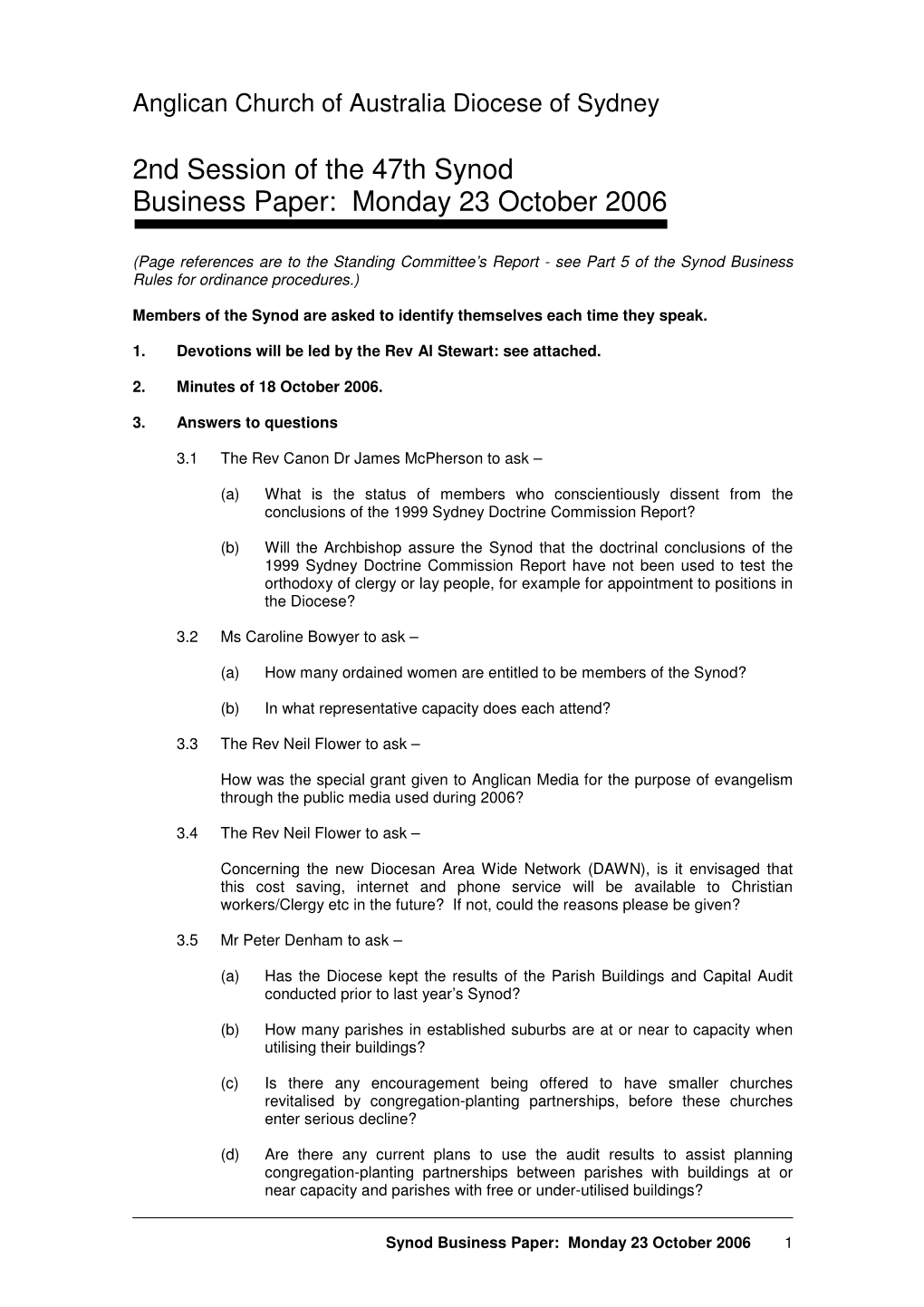 2Nd Session of the 47Th Synod Business Paper: Monday 23 October 2006