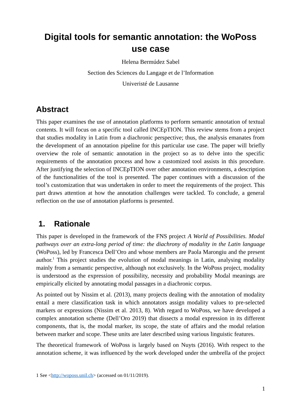 Digital Tools for Semantic Annotation: the Woposs Use Case Helena Bermúdez Sabel Section Des Sciences Du Langage Et De L’Information Univeristé De Lausanne