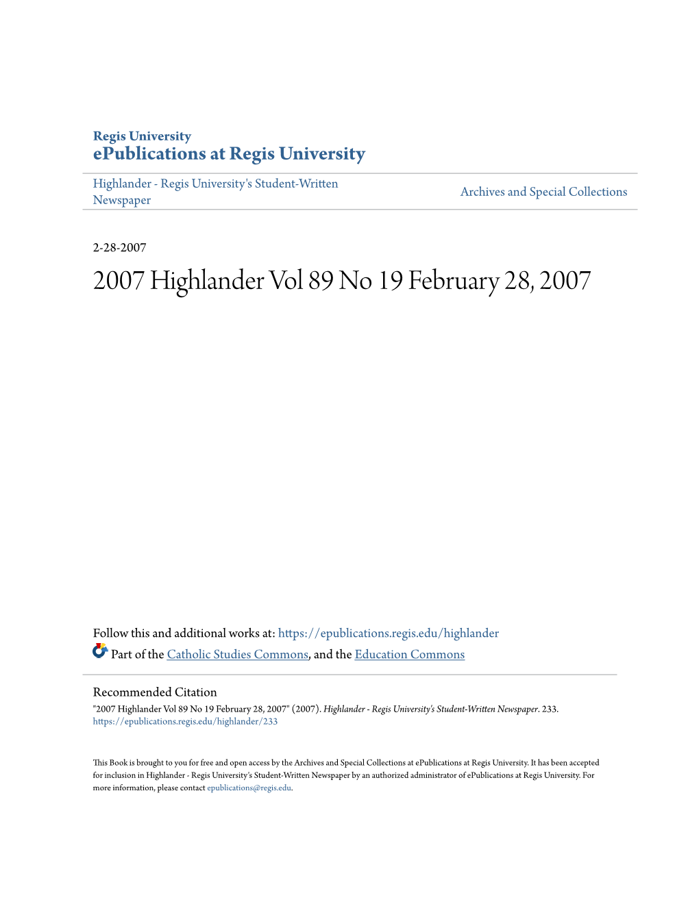 2007 Highlander Vol 89 No 19 February 28, 2007