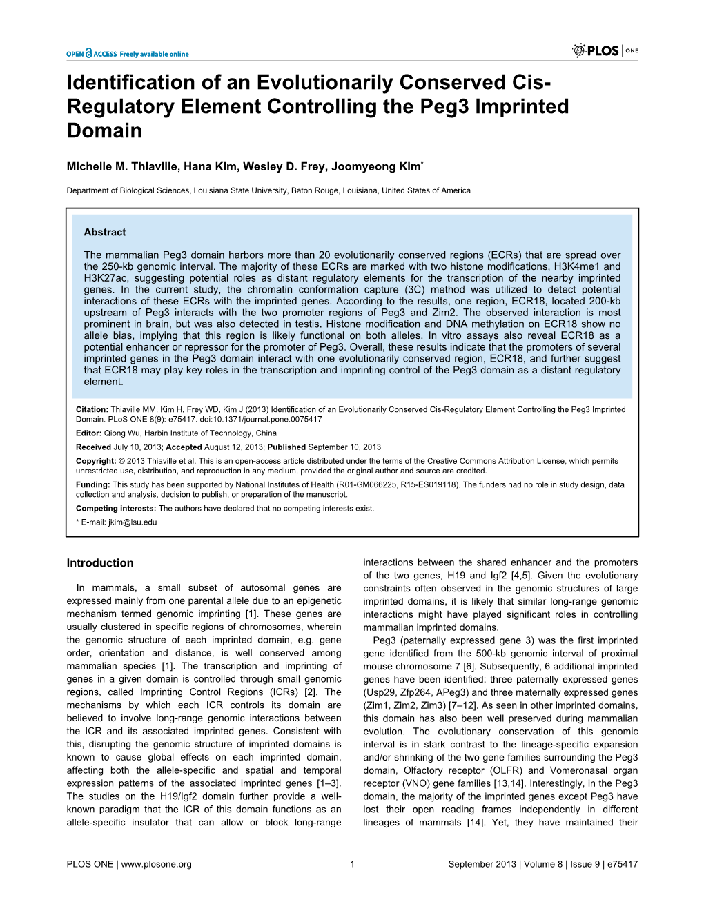 Identification of an Evolutionarily Conserved Cis-Regulatory Element Controlling the Peg3 Imprinted Domain