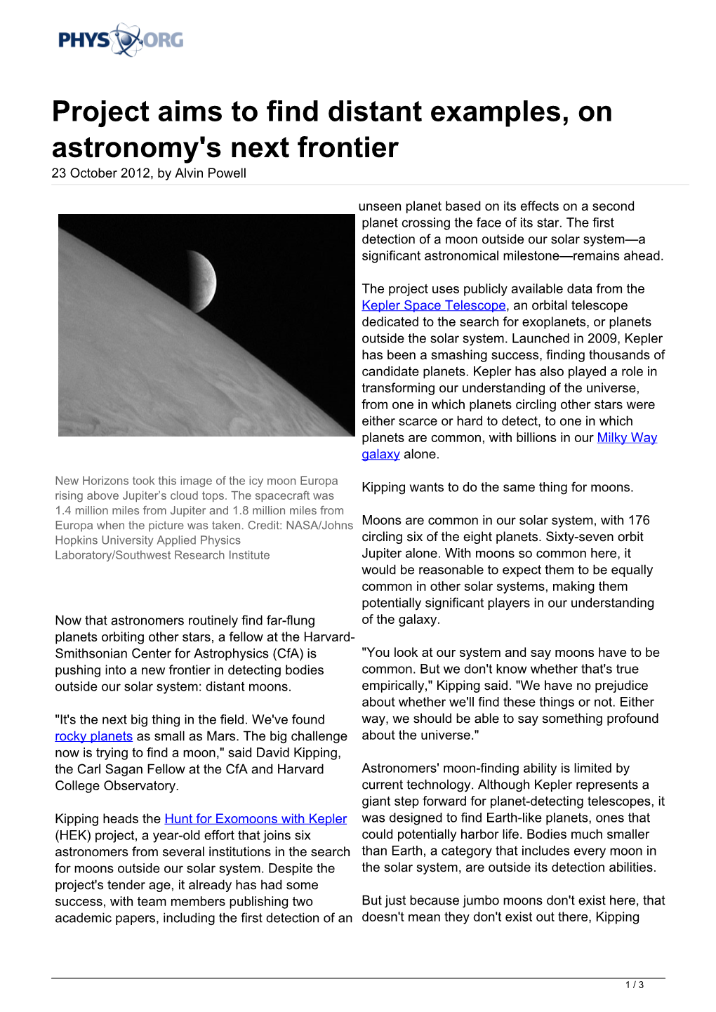 Project Aims to Find Distant Examples, on Astronomy's Next Frontier 23 October 2012, by Alvin Powell