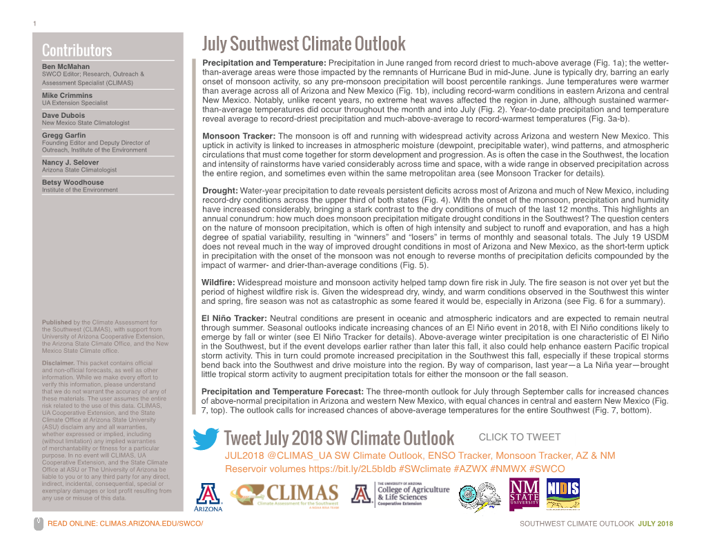 July Southwest Climate Outlook Tweet July 2018 SW Climate Outlook