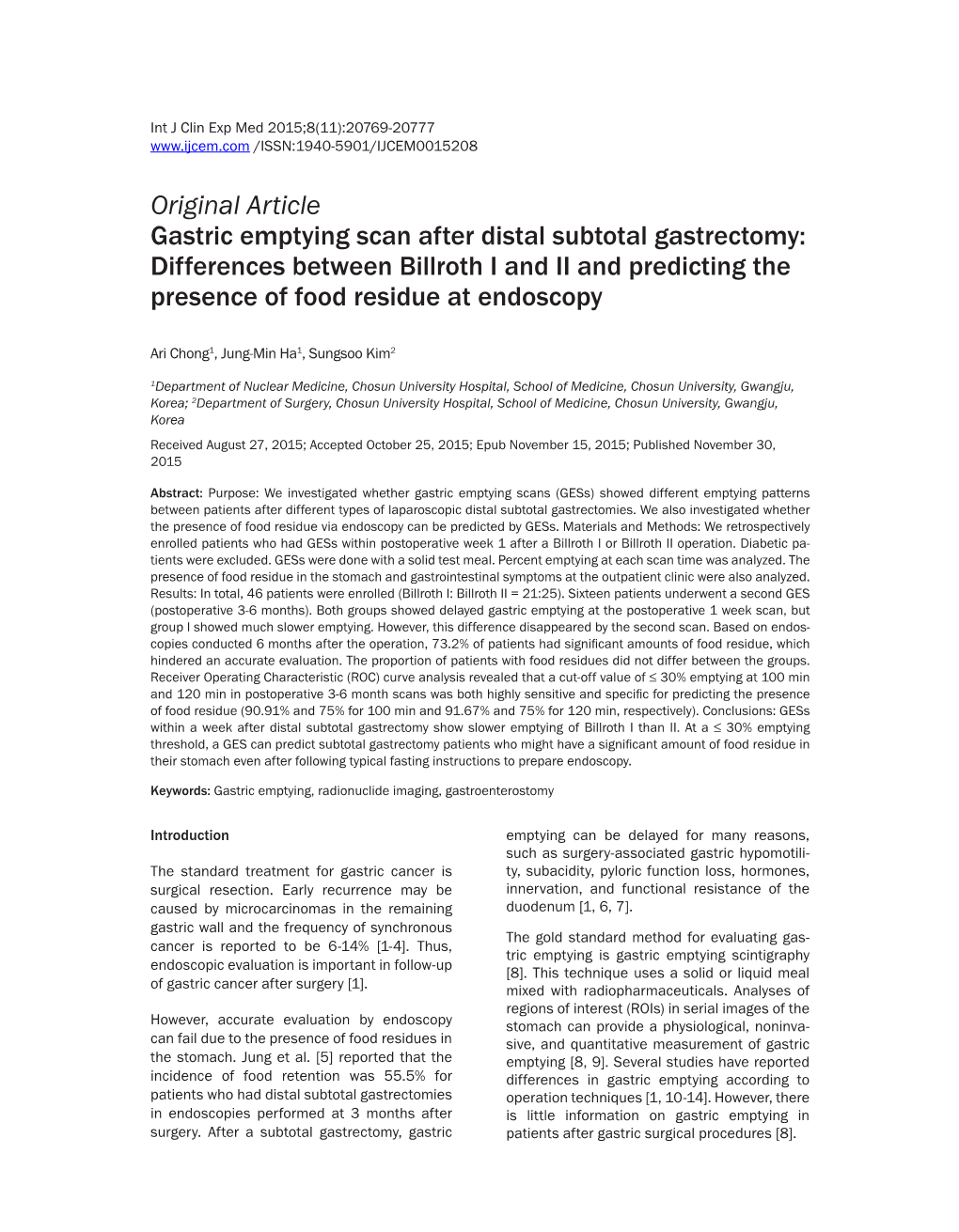 Original Article Gastric Emptying Scan After Distal Subtotal Gastrectomy