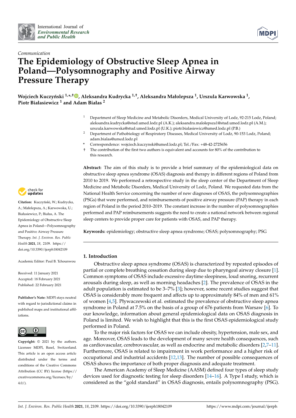 The Epidemiology of Obstructive Sleep Apnea in Poland—Polysomnography and Positive Airway Pressure Therapy