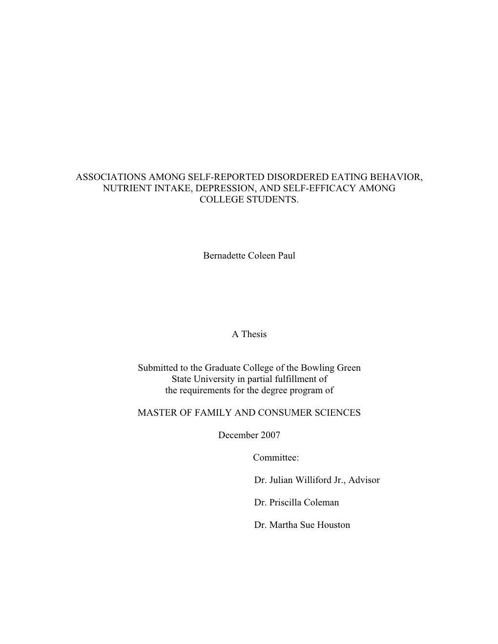 Associations Among Self-Reported Disordered Eating Behavior, Nutrient Intake, Depression, and Self-Efficacy Among College Students