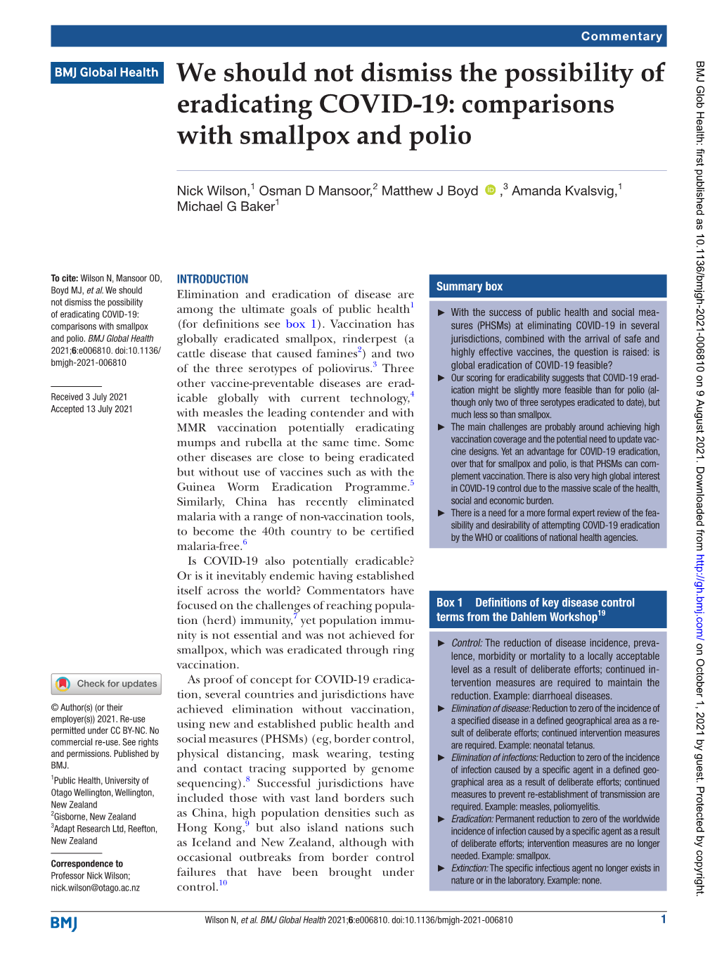 We Should Not Dismiss the Possibility of Eradicating COVID-19: Comparisons with Smallpox and Polio