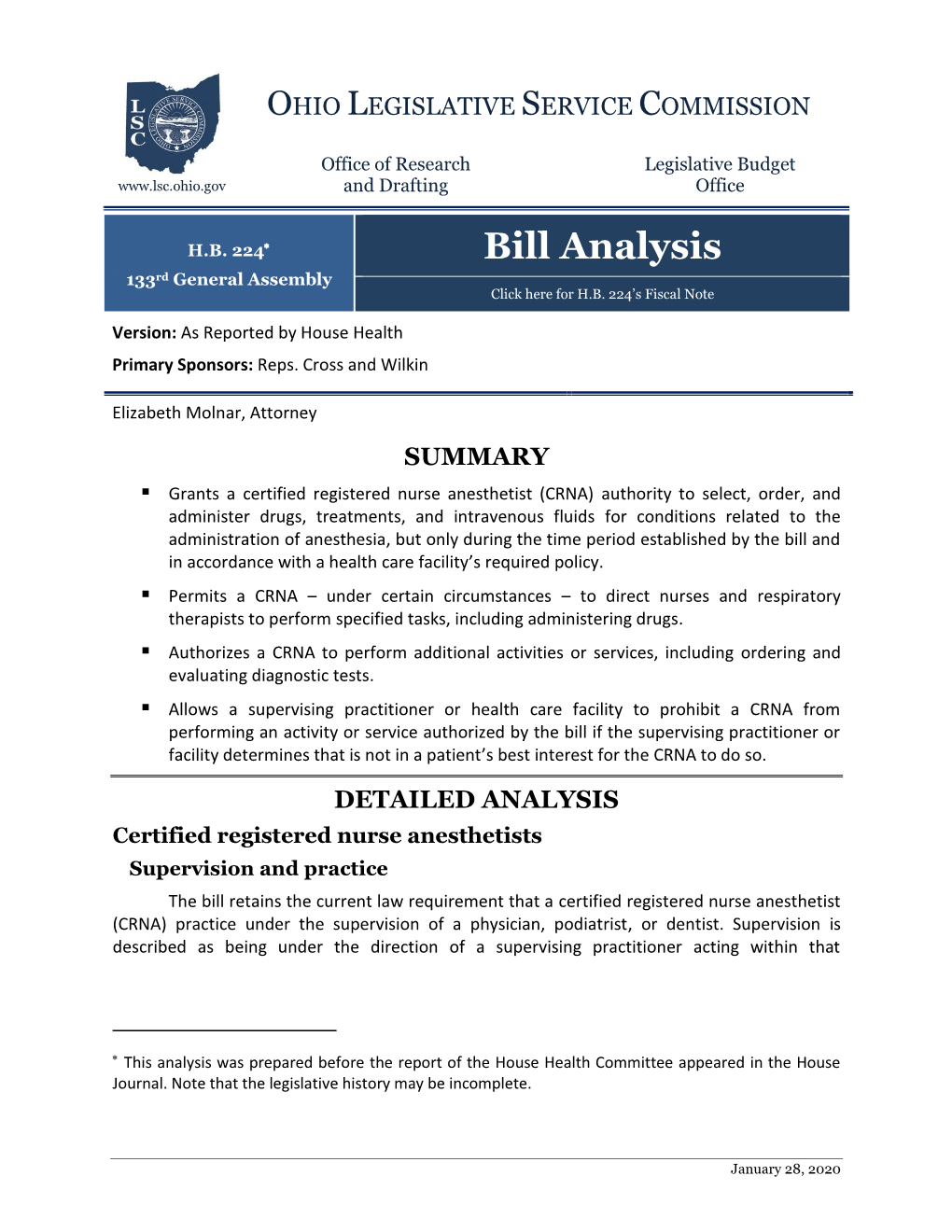 Bill Analysis 133Rd General Assembly Click Here for H.B