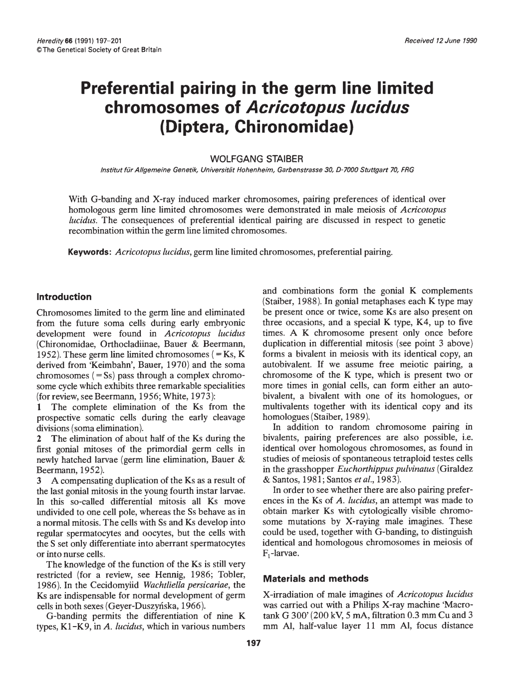 Preferential Pairing in the Germ Line Limited Chromosomes of Acricotopus Lucidus (Diptera, Chironomidae)