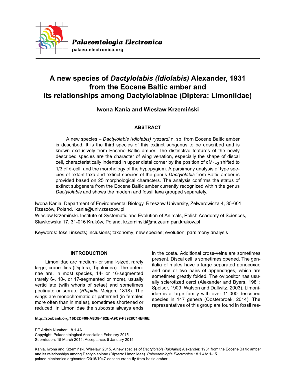 A New Species of Dactylolabis (Idiolabis) Alexander, 1931 from the Eocene Baltic Amber and Its Relationships Among Dactylolabinae (Diptera: Limoniidae)