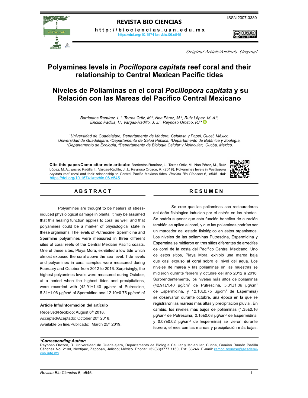 Polyamines Levels in Pocillopora Capitata Reef Coral and Their Relationship to Central Mexican Pacific Tides