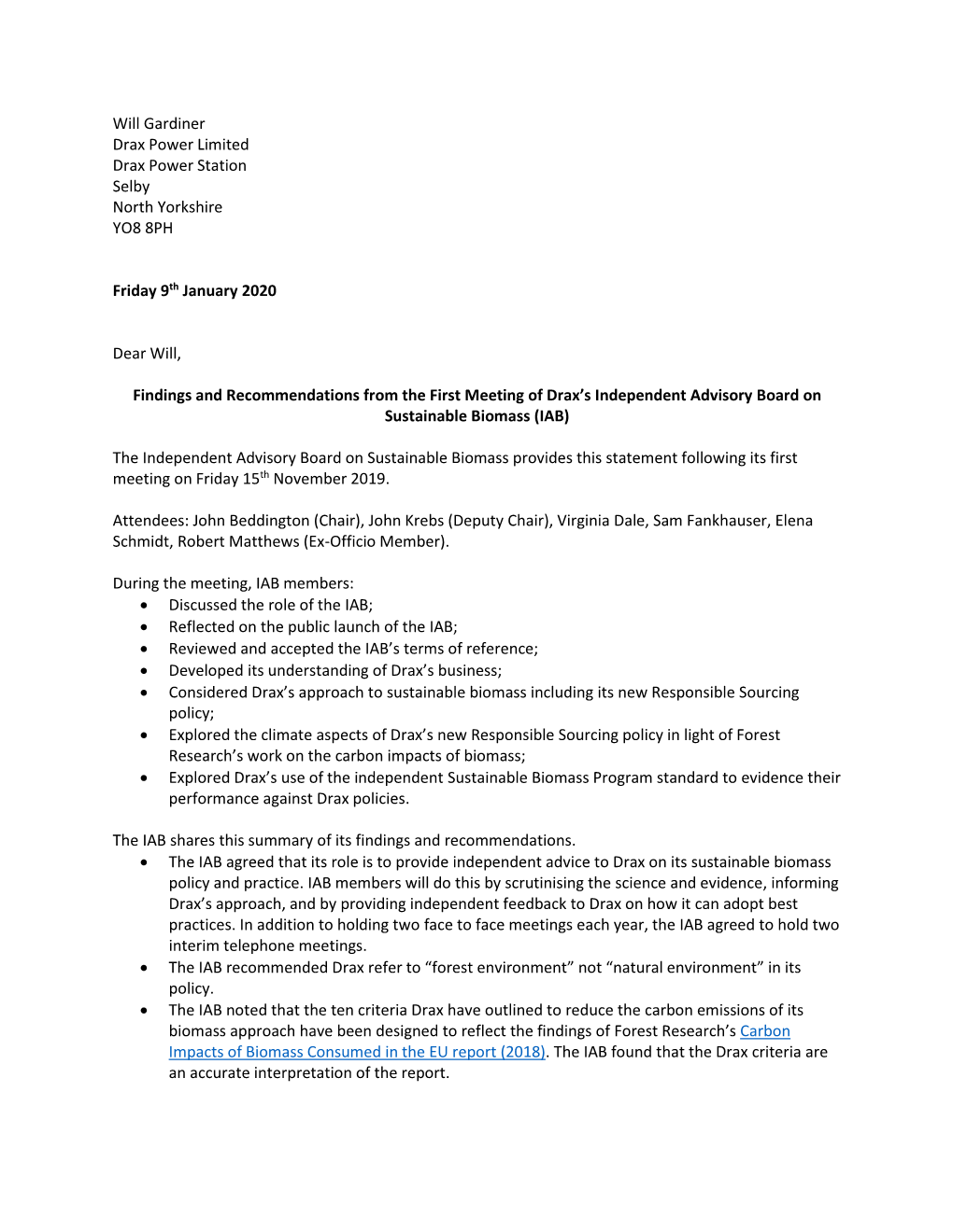 Will Gardiner Drax Power Limited Drax Power Station Selby North Yorkshire YO8 8PH Friday 9Th January 2020 Dear Will, Findings