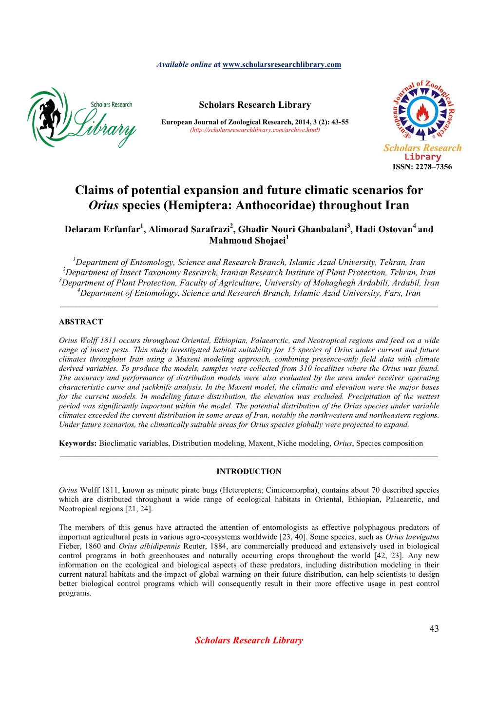 Claims of Potential Expansion and Future Climatic Scenarios for Orius Species (Hemiptera: Anthocoridae) Throughout Iran