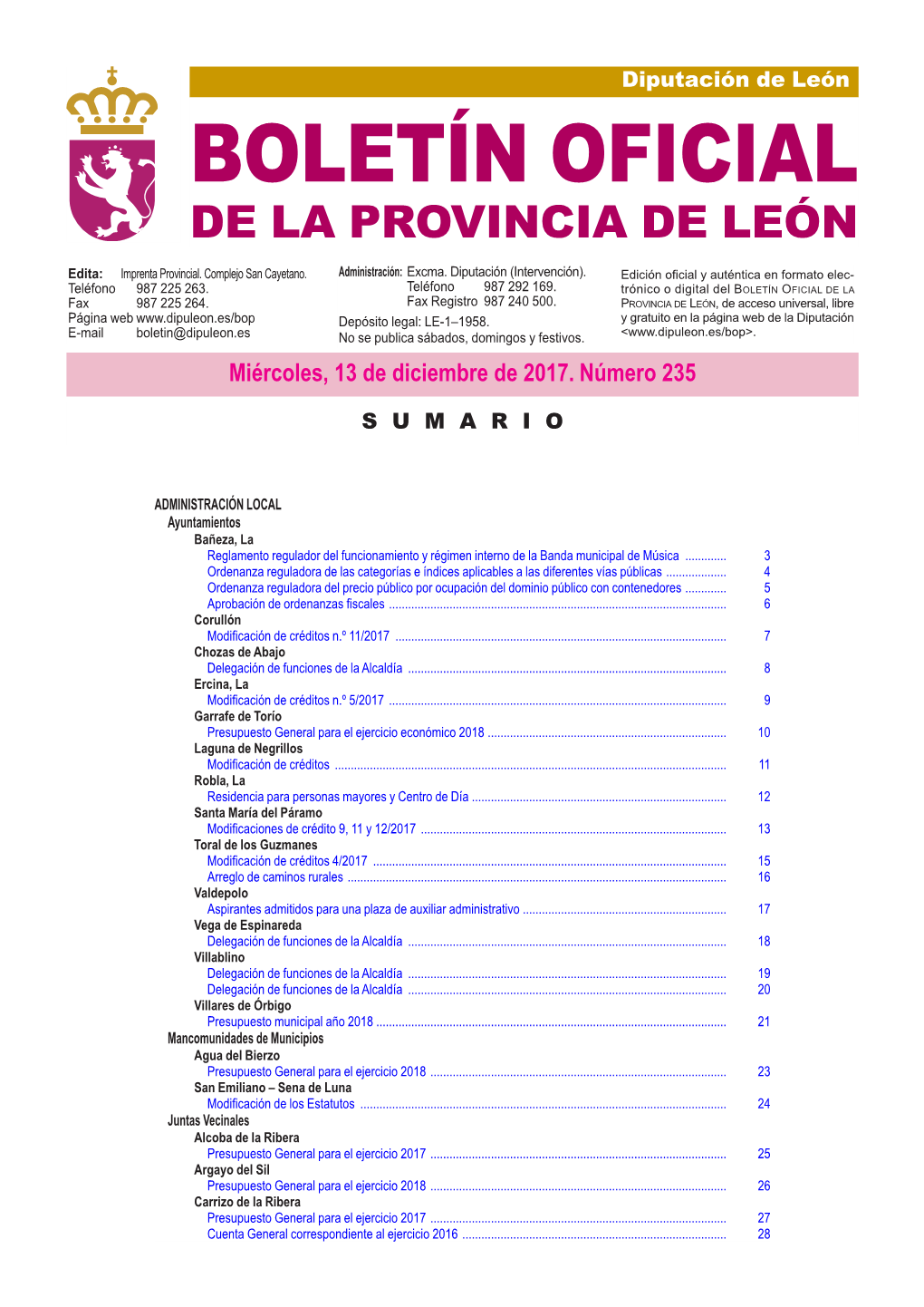 BOLETÍN OFICIAL DE LA PROVINCIA DE LEÓN Edita: Imprenta Provincial