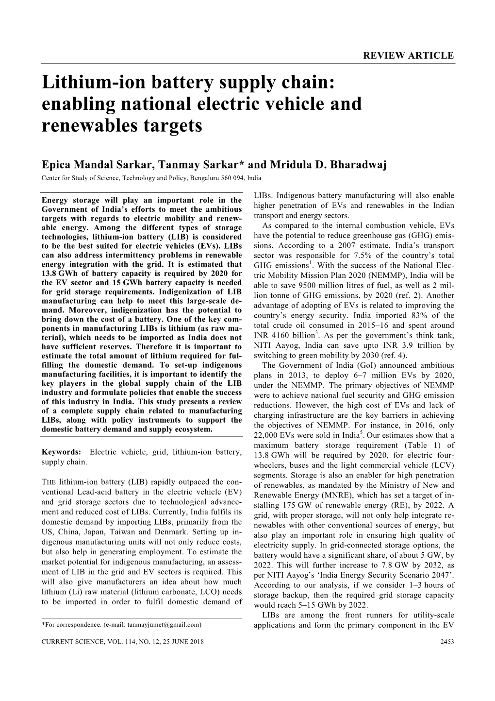 Lithium-Ion Battery Supply Chain: Enabling National Electric Vehicle and Renewables Targets