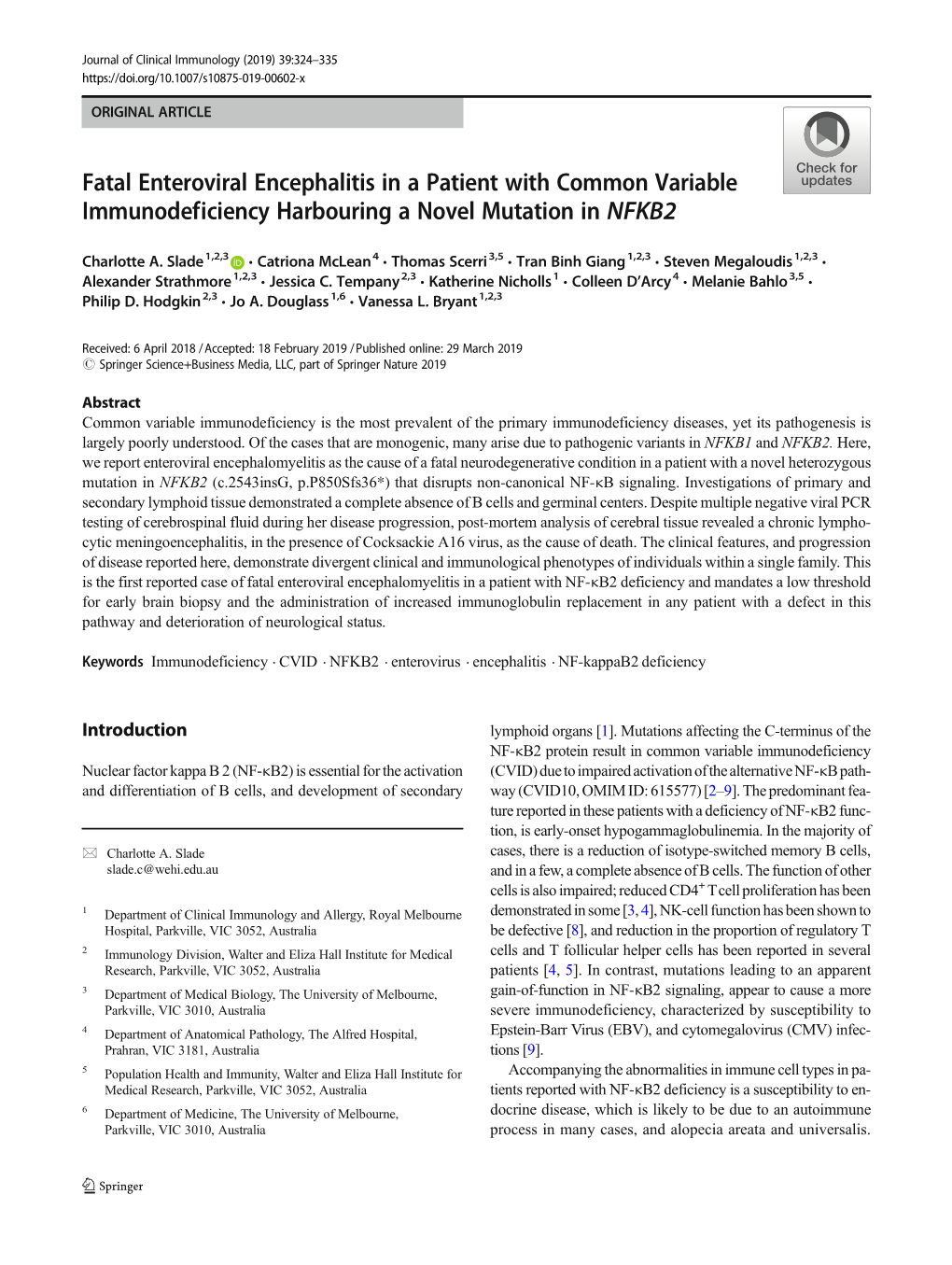Fatal Enteroviral Encephalitis in a Patient with Common Variable Immunodeficiency Harbouring a Novel Mutation in NFKB2
