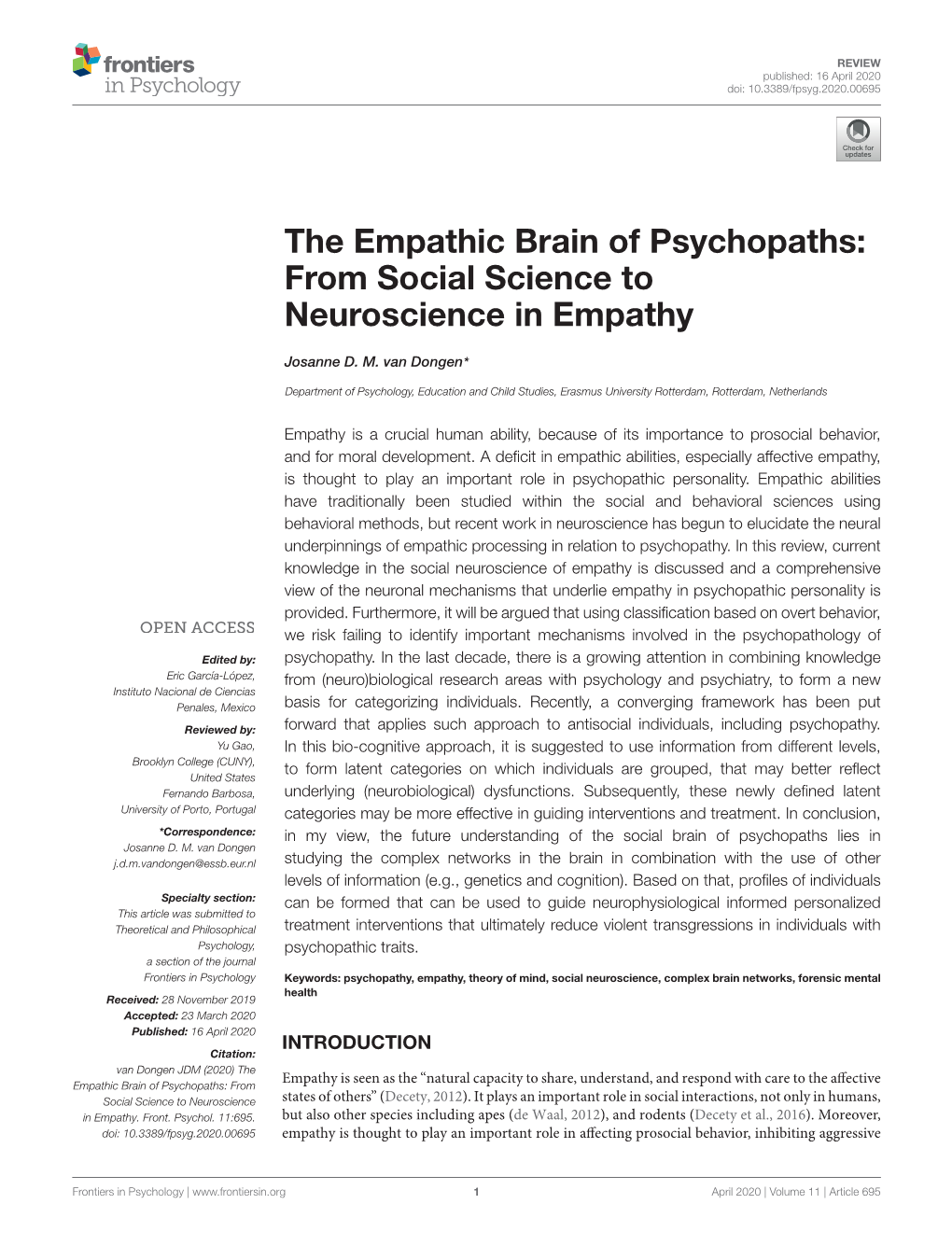 The Empathic Brain of Psychopaths: from Social Science to Neuroscience in Empathy
