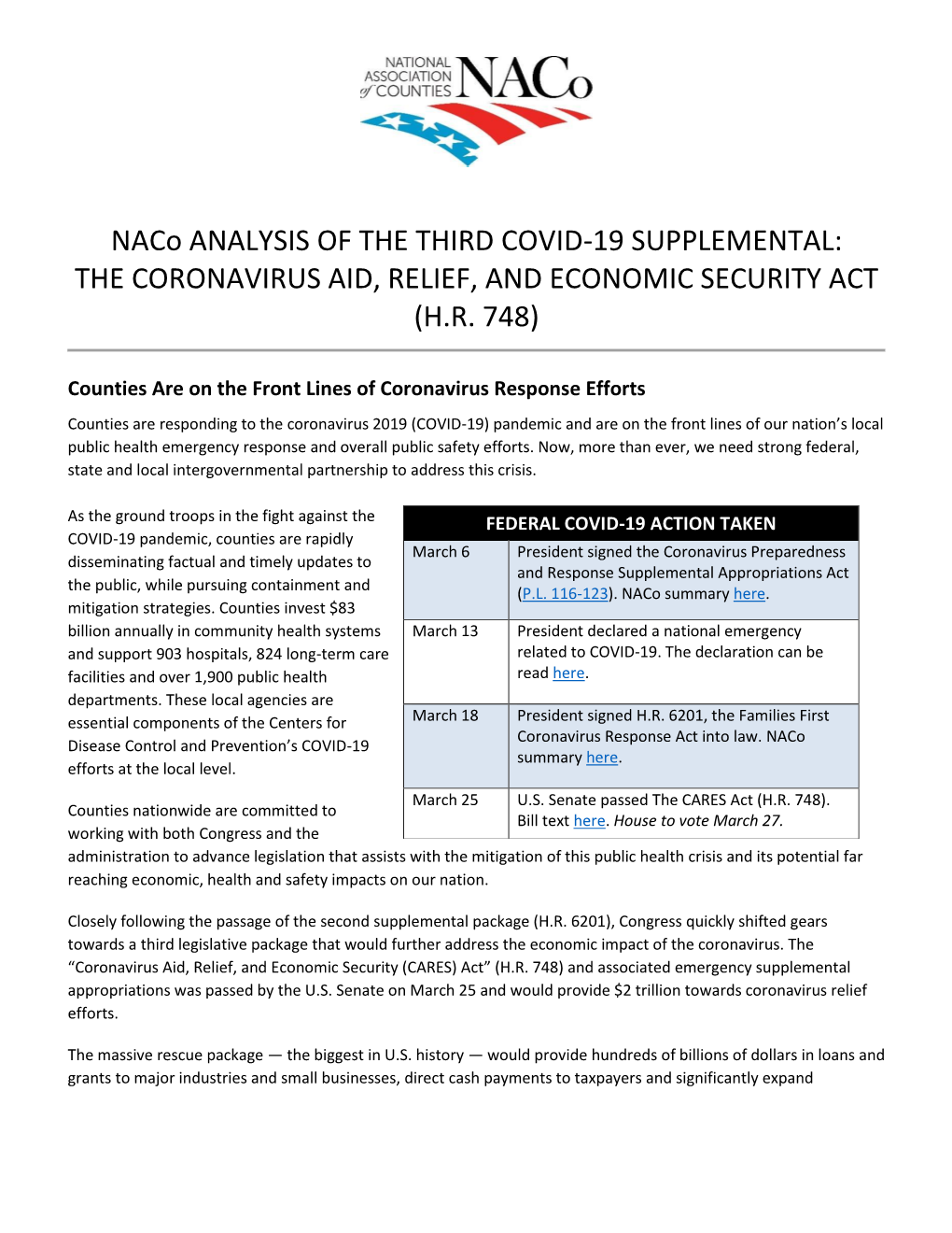Naco ANALYSIS of the THIRD COVID-19 SUPPLEMENTAL: the CORONAVIRUS AID, RELIEF, and ECONOMIC SECURITY ACT (H.R