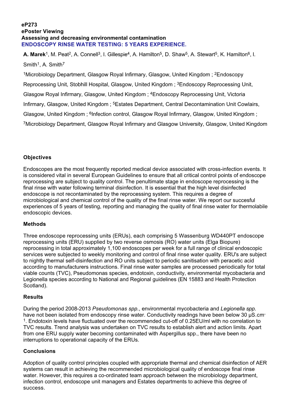 Ep273 Eposter Viewing Assessing and Decreasing Environmental Contamination ENDOSCOPY RINSE WATER TESTING: 5 YEARS EXPERIENCE