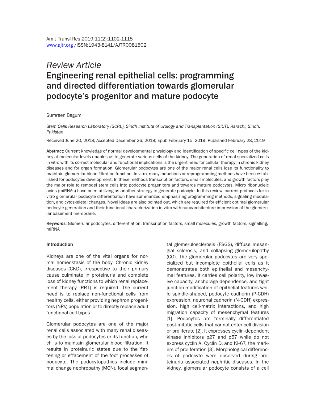 Review Article Engineering Renal Epithelial Cells: Programming and Directed Differentiation Towards Glomerular Podocyte’S Progenitor and Mature Podocyte