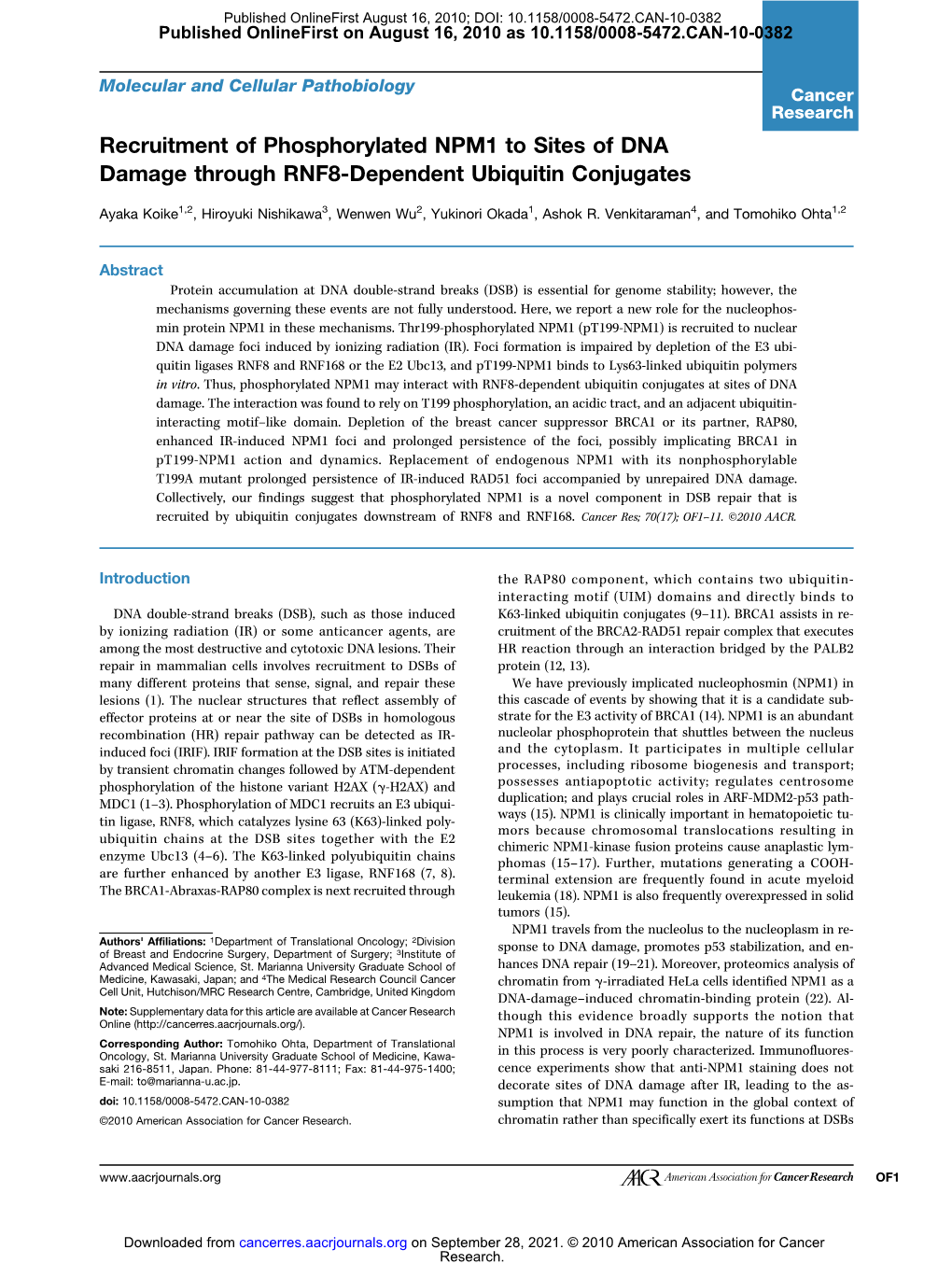 Recruitment of Phosphorylated NPM1 to Sites of DNA Damage Through RNF8-Dependent Ubiquitin Conjugates