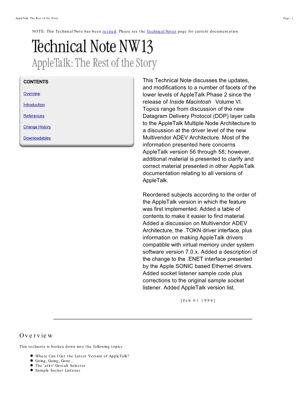 Overview Lower Levels of Appletalk Phase 2 Since the Release of Inside Macintosh Volume VI