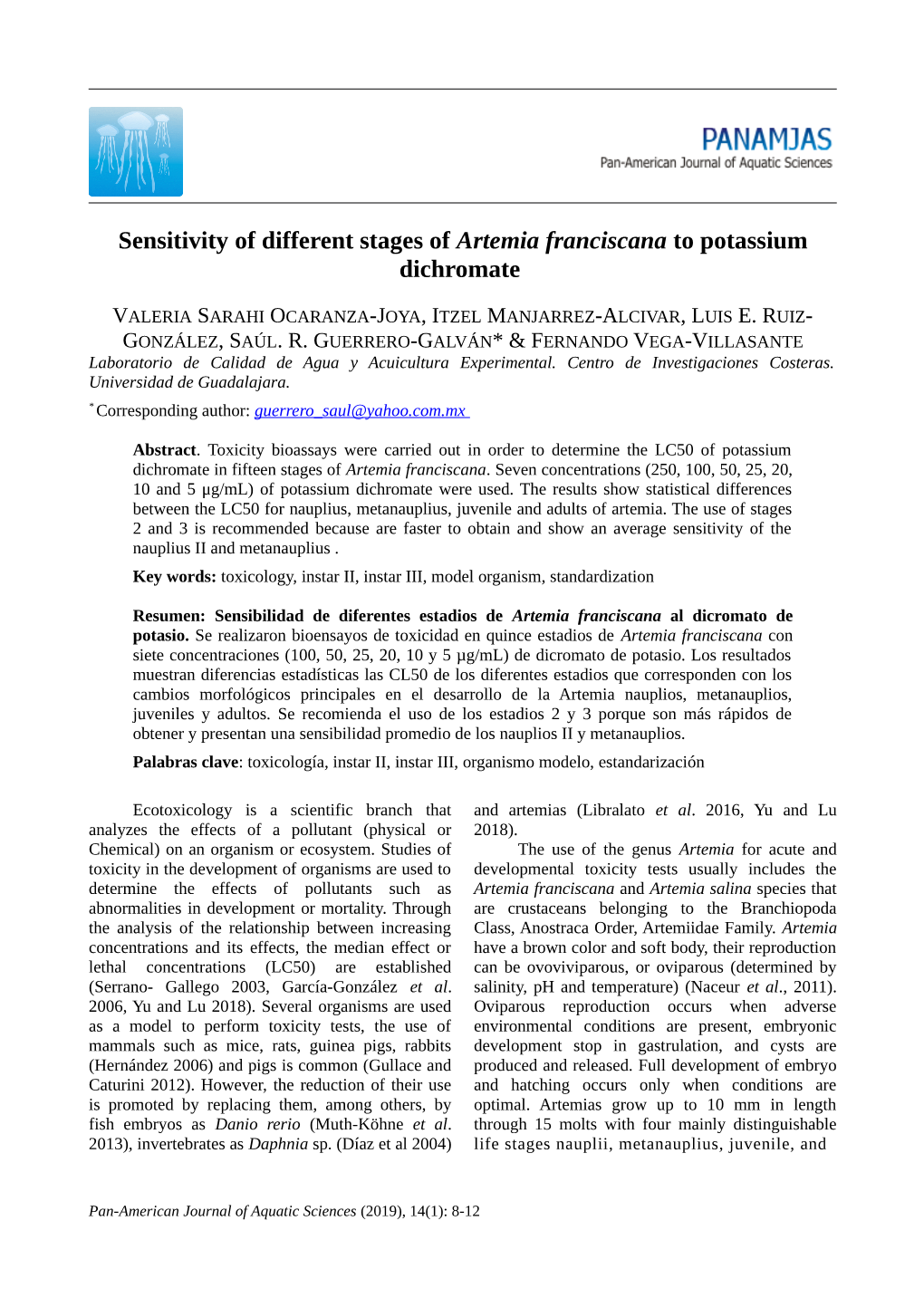 Sensitivity of Different Stages of Artemia Franciscana to Potassium Dichromate