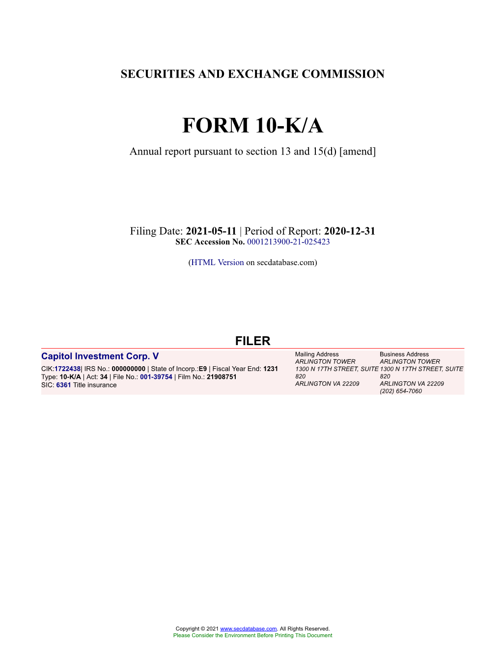 Capitol Investment Corp. V Form 10-K/A Annual Report Filed 2021